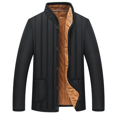 Men’s casual winter jacketWinter Men Jacket featuring a black exterior and cozy light brown lining.