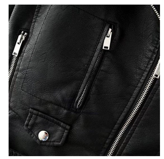Detail of a Trendy slim-fit jacket Slim-fit Motorcycle Jacket All featuring zipper pockets and textured black imitation leather.