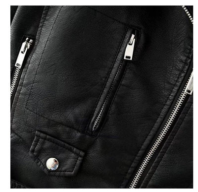 Detail of a Trendy slim-fit jacket Slim-fit Motorcycle Jacket All featuring zipper pockets and textured black imitation leather.