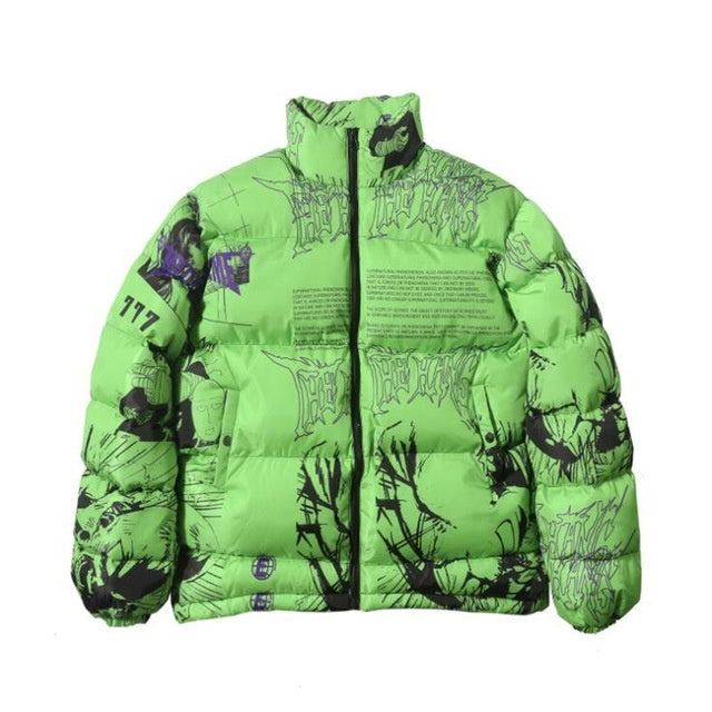 Winter pocket jacket All-Season Utility Jacket in vibrant green with graphic design.