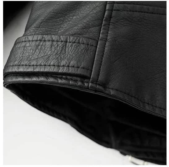 Trendy slim-fit jacket Slim-fit Motorcycle Jacket All close-up of black imitation leather sleeve detail.
