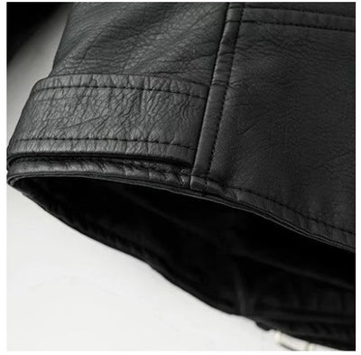 Trendy slim-fit jacket Slim-fit Motorcycle Jacket All close-up of black imitation leather sleeve detail.