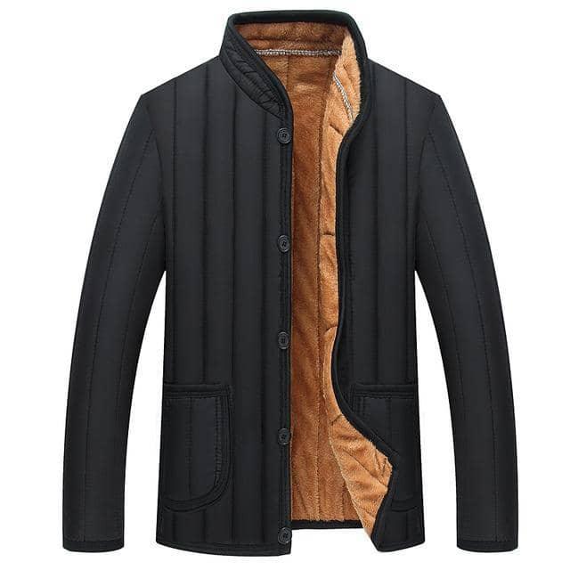 Men’s casual winter jacketWinter Men Jacket featuring a black exterior and orange interior lining.