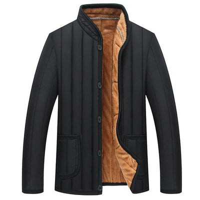 Men’s casual winter jacketWinter Men Jacket featuring a black exterior and orange interior lining.
