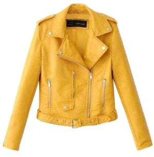 Trendy slim-fit jacket Slim-fit Motorcycle Jacket All in yellow imitation leather with zipper details.