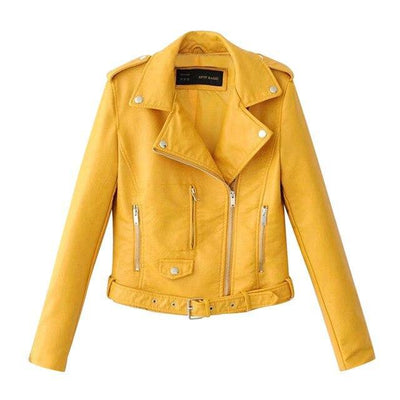 Trendy slim-fit jacket Slim-fit Motorcycle Jacket All in yellow imitation leather with zipper details.
