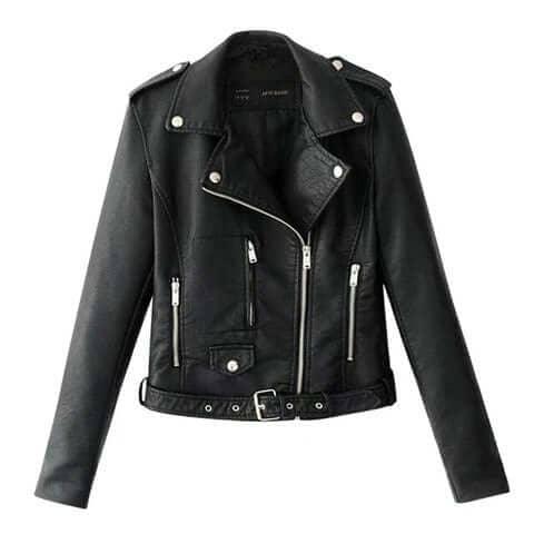 Trendy slim-fit jacket Slim-fit Motorcycle Jacket All in black imitation leather with zipper and epaulette details.