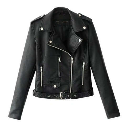 Trendy slim-fit jacket Slim-fit Motorcycle Jacket All in black imitation leather with zipper and epaulette details.