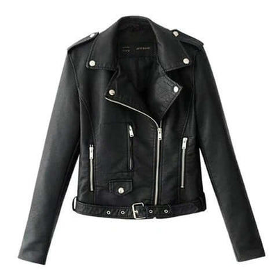 Trendy slim-fit jacket Slim-fit Motorcycle Jacket All in black imitation leather with zipper and epaulette details.