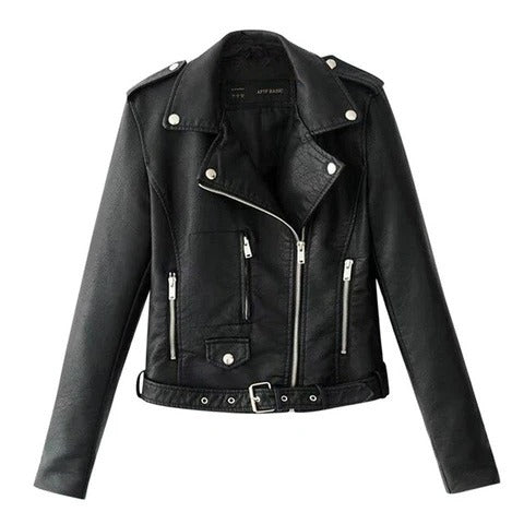 Trendy slim-fit jacket Slim-fit Motorcycle Jacket All in black imitation leather with stylish details.